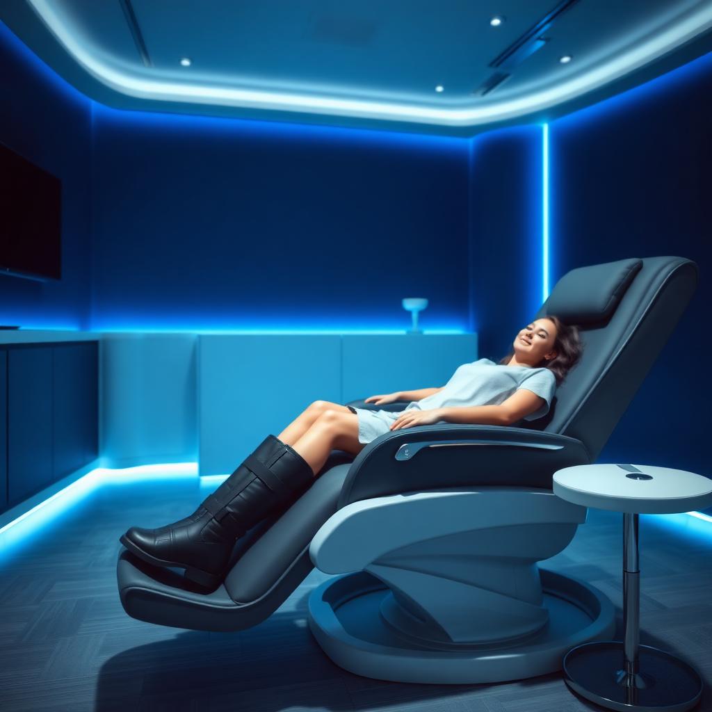Guest relaxing in a recliner with pneumatic compression therapy boots at Arctic Elevation